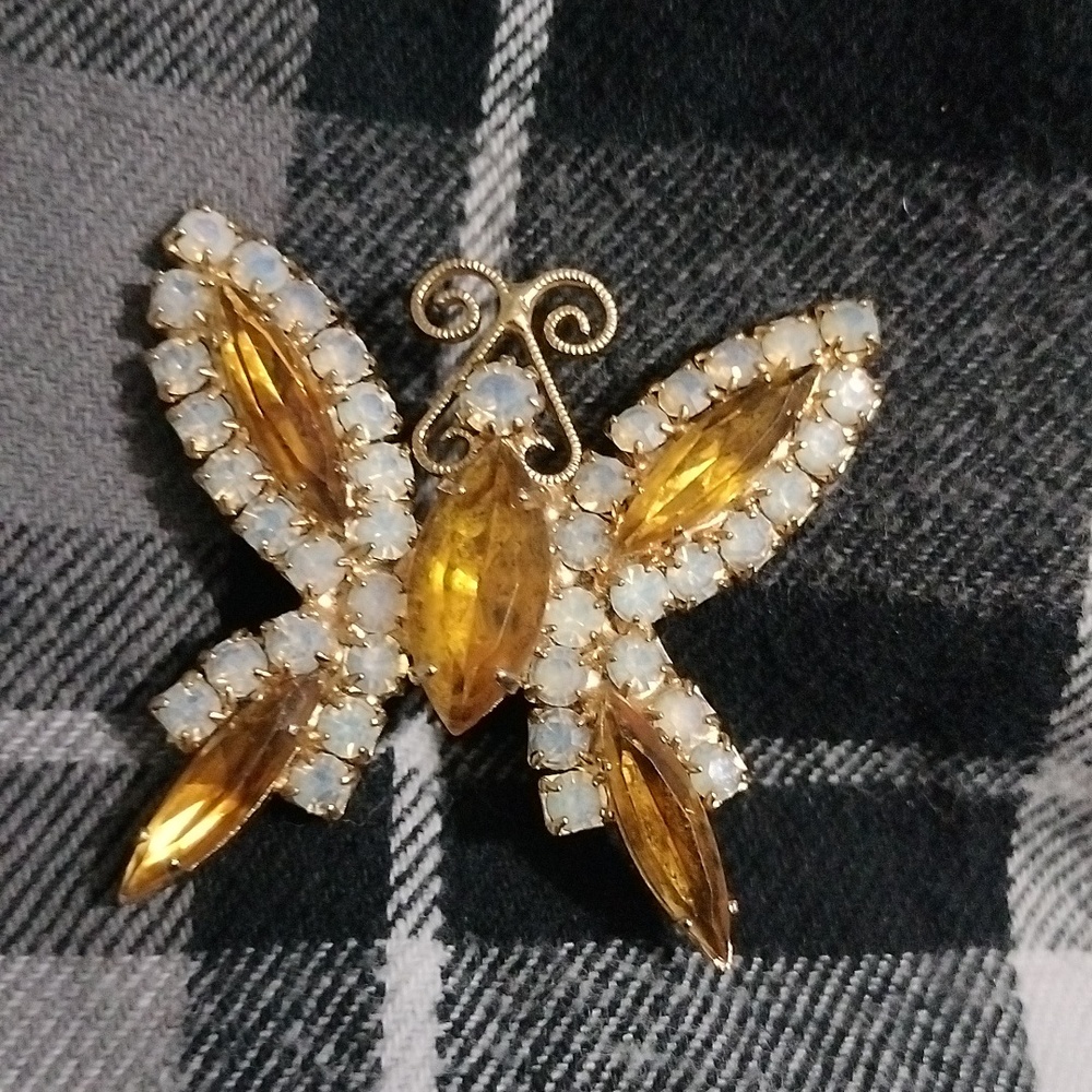 Vintage brown rhinestone butterfly brooch pin